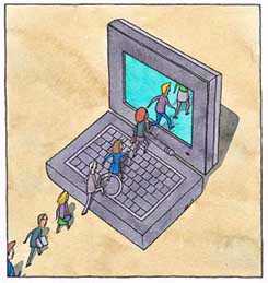 Tiny people marching into a computer screen