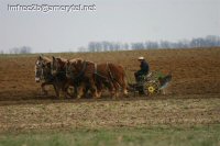 An Amish man sitting on a plow being drawn by four large horses