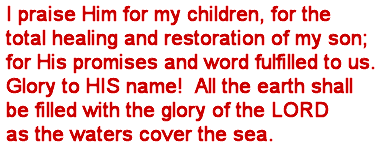 I praise Him for my children, for the total healing and restoration of my son; for His promises and word fulfilled to us. Glory to HIS name! All the earth shall be filled with the glory of the LORD as the waters cover the sea. by Tina H.