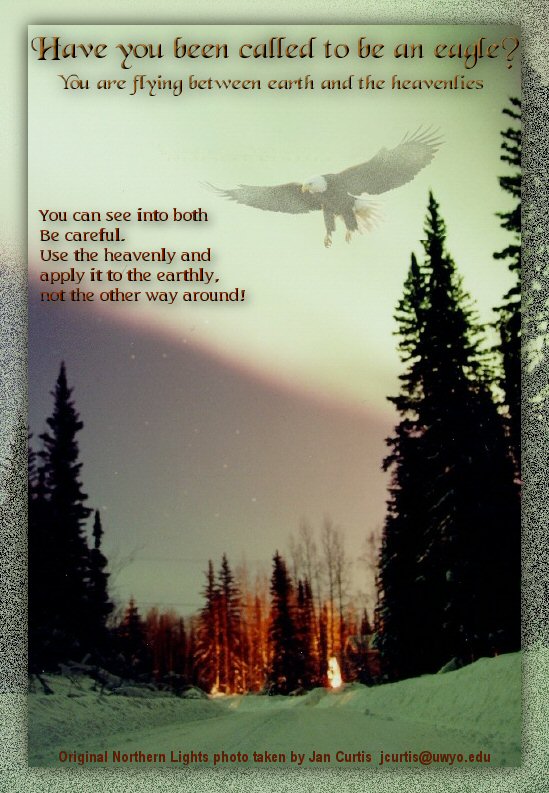 Are you called to be an eagle?  You are flying between earth and the heavenlies.  You can see into both.  Be careful.  Use the heavenly and apply it to the earthly, not the other way around.