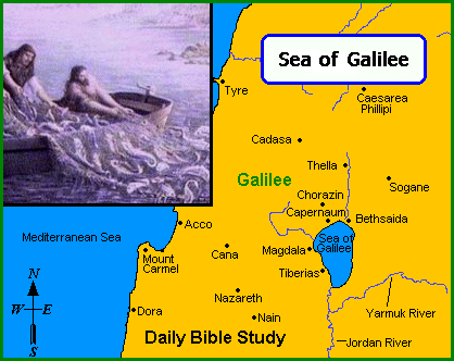 Map of Israel with picture of disciples hauling into their boat a net full of fish